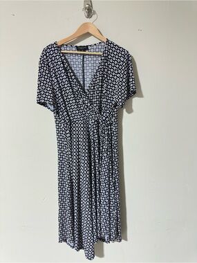 Perceptions Woman Polka Dot Faux Wrap Midi Dress Navy White Plus Size 1X